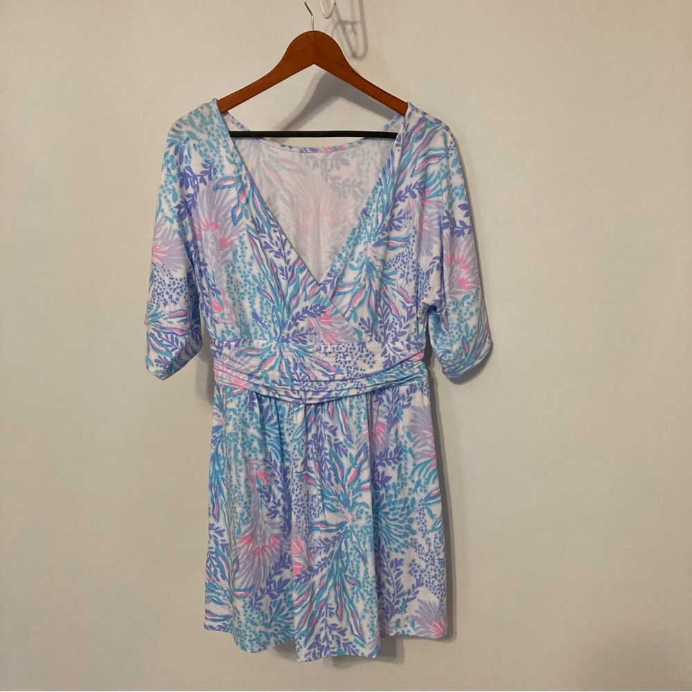Lilly Pulitzer Pastel Floral Wrap Mini Dress in Blue and Pink